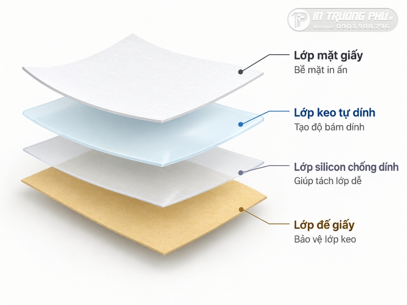 Sơ đồ cấu tạo 4 lớp kỹ thuật ti&ecirc;u chuẩn của tem decal giấy tự d&iacute;nh