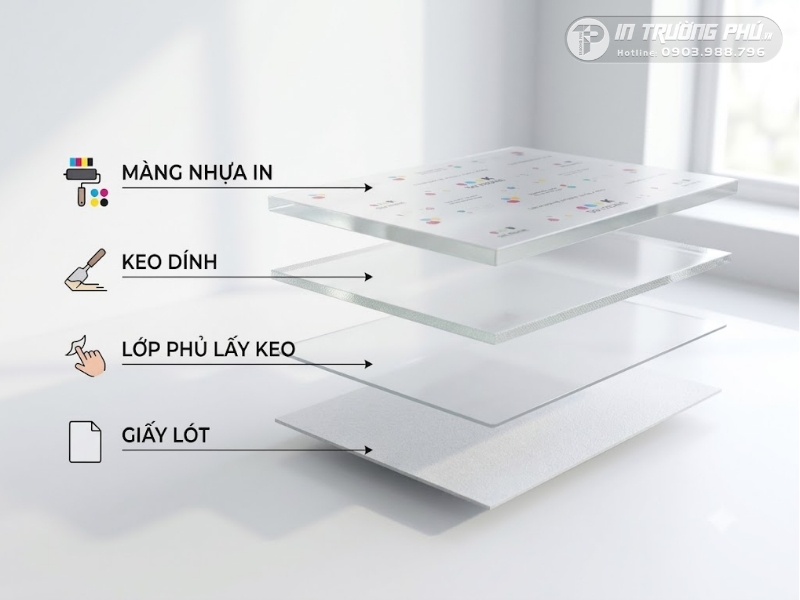 Cấu tạo 4 lớp kỹ thuật ti&ecirc;u chuẩn của decal nhựa tự d&iacute;nh chuy&ecirc;n dụng trong in ấn