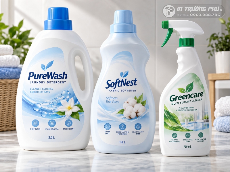 Mẫu tem nh&atilde;n decal nhựa sữa d&aacute;n tr&ecirc;n chai nước giặt v&agrave; dung dịch tẩy rửa gia dụng