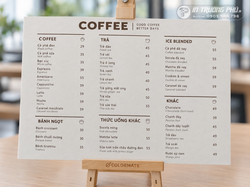 In menu qu&aacute;n cafe