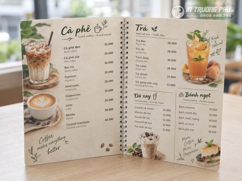 Menu qu&aacute;n cafe dạng quyển