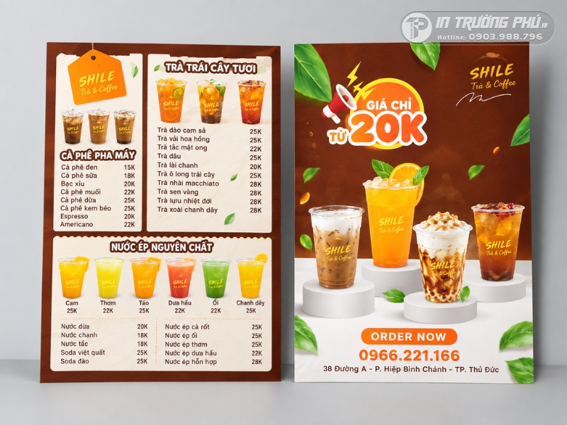 Mẫu tờ rơi khai trương qu&aacute;n tr&agrave; sữa t&iacute;ch hợp menu
