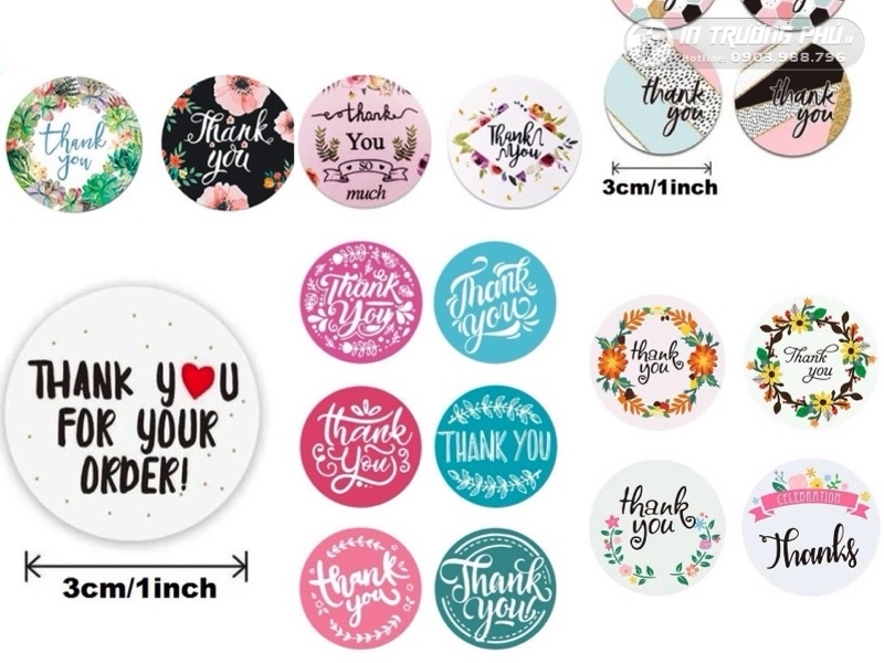 C&aacute;c mẫu tem cảm ơn dạng tr&ograve;n với k&iacute;ch thước v&agrave; chất liệu kh&aacute;c nhau