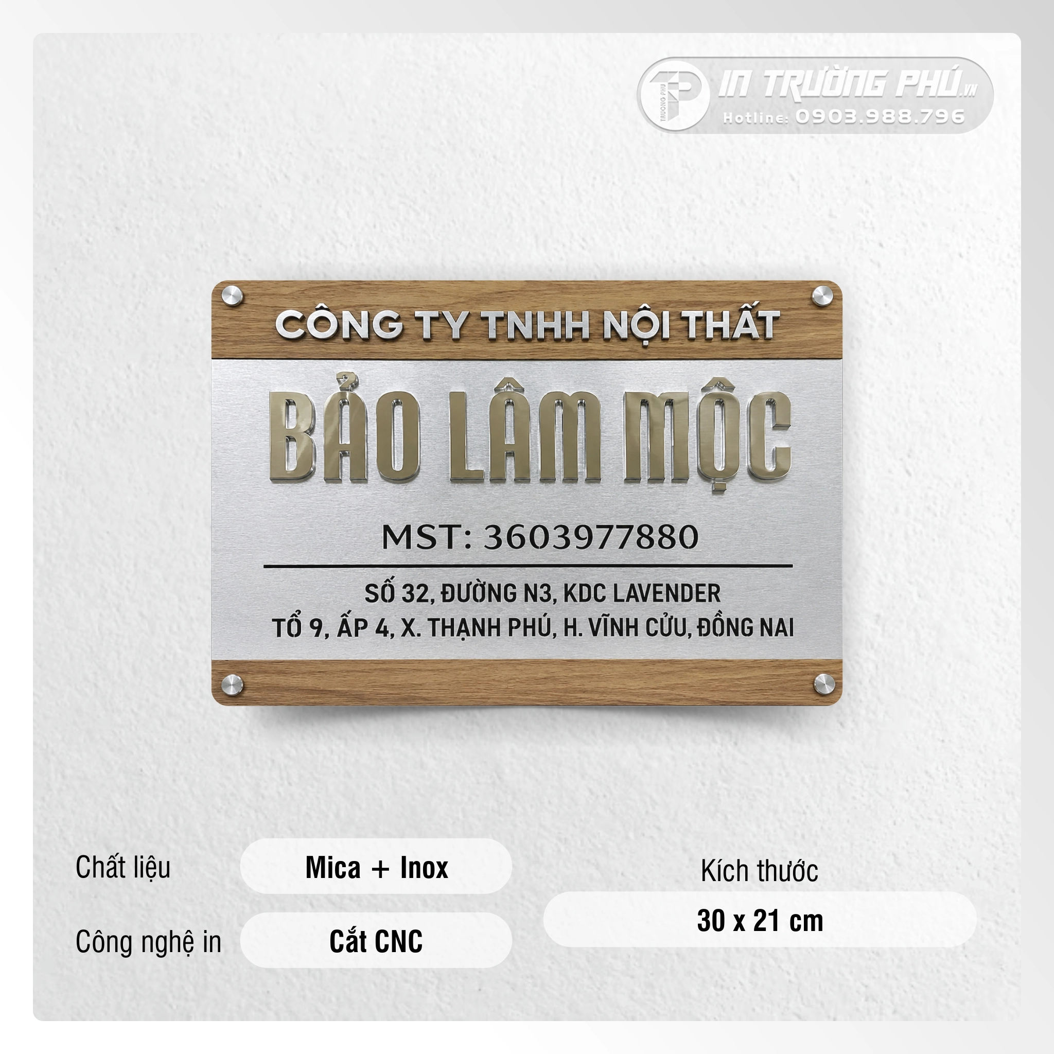 Biển Công Ty - Inox Xước Bạc, Mica Cán Vân Gỗ + Nội Dung Nổi